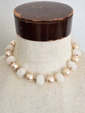 Pink Faux Pearl & Faceted Rose Quartz Stone Choker Necklace
